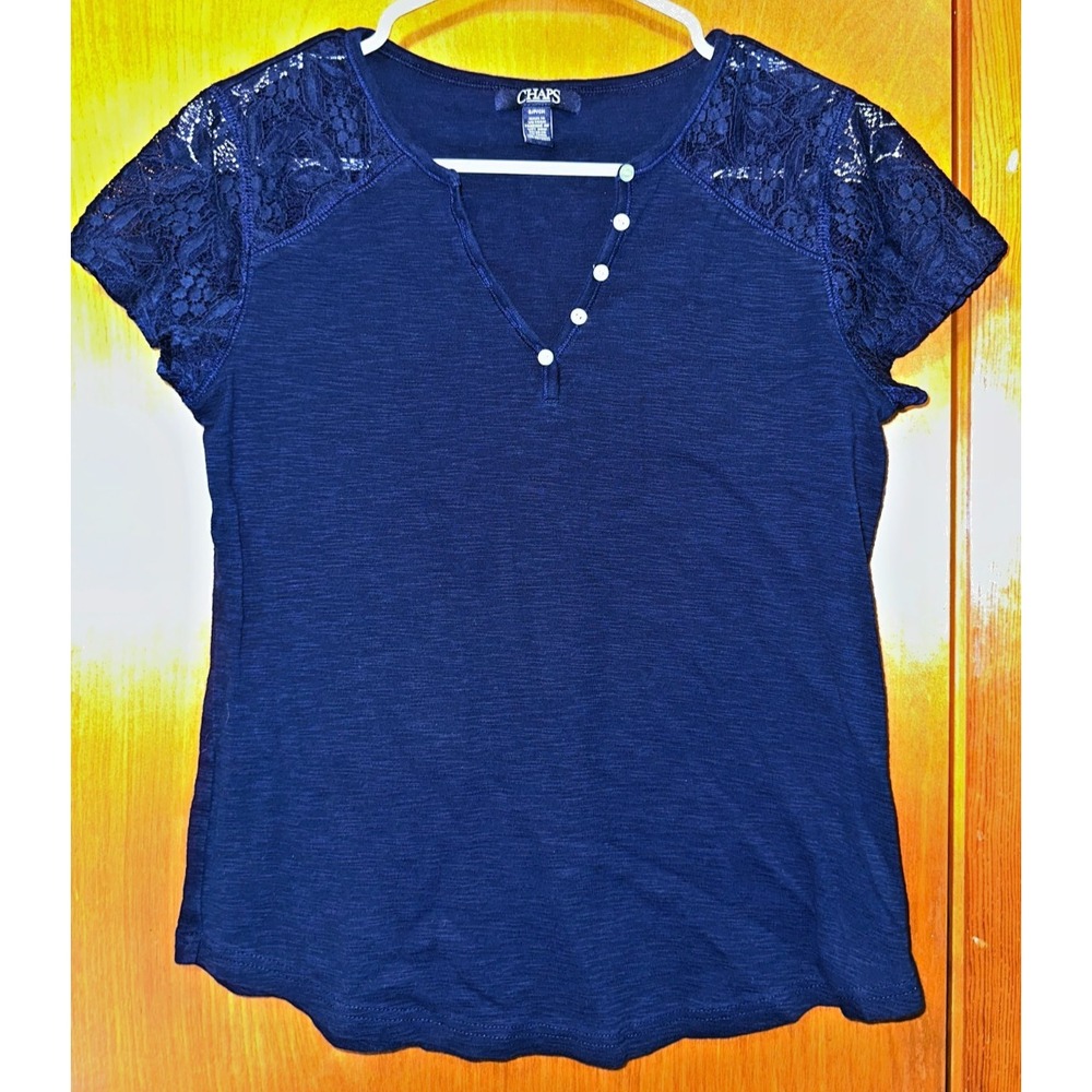 Chaps Navy Blue Lace Cap Sleeves Henley Top Small